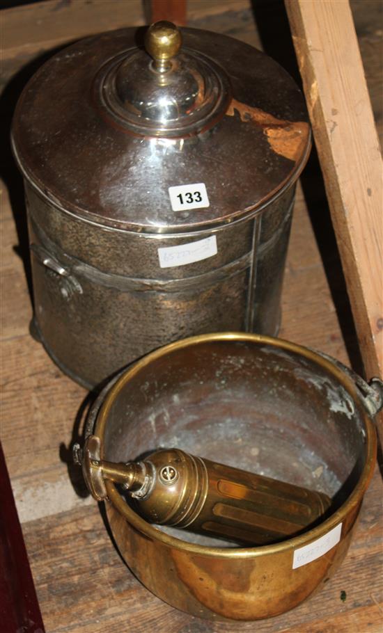 Coal scuttle, fire extinguisher and brass pot